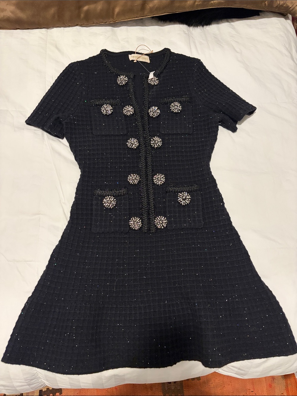 Sierra Darien Embellished Black Tweed Short-Sleeve Dress knitted SZ XS